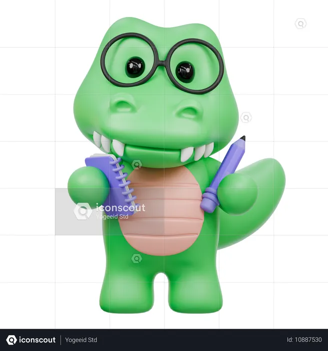 Cute Crocodile in glasses notepad and pencil  3D Illustration