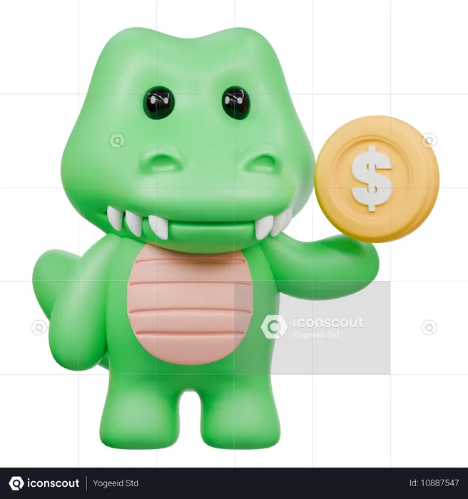 Cute Crocodile with Coin  3D Illustration