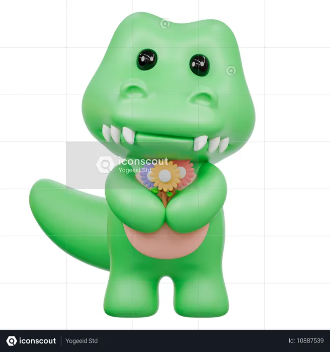 Cute Crocodile with three colorful flowers  3D Illustration