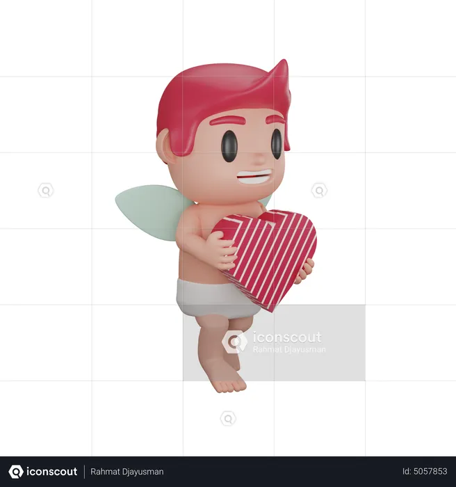 Cute cupid boy holding heart  3D Illustration