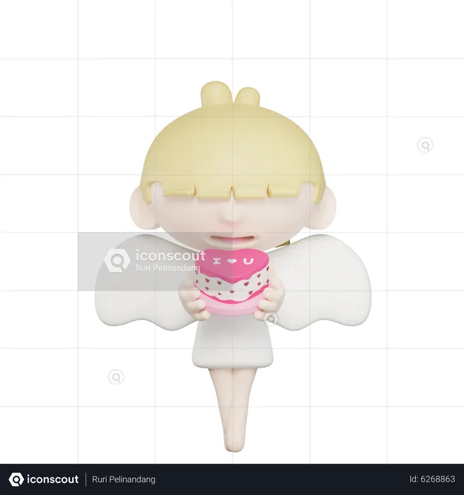 Cute Cupid Holding Romantic Cake  3D Illustration