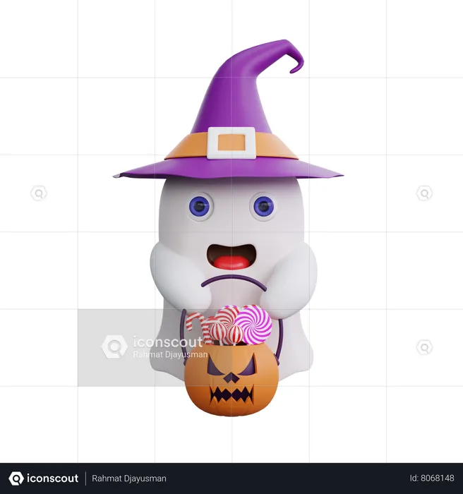 Cute Ghost With Pumpkin Basket  3D Illustration