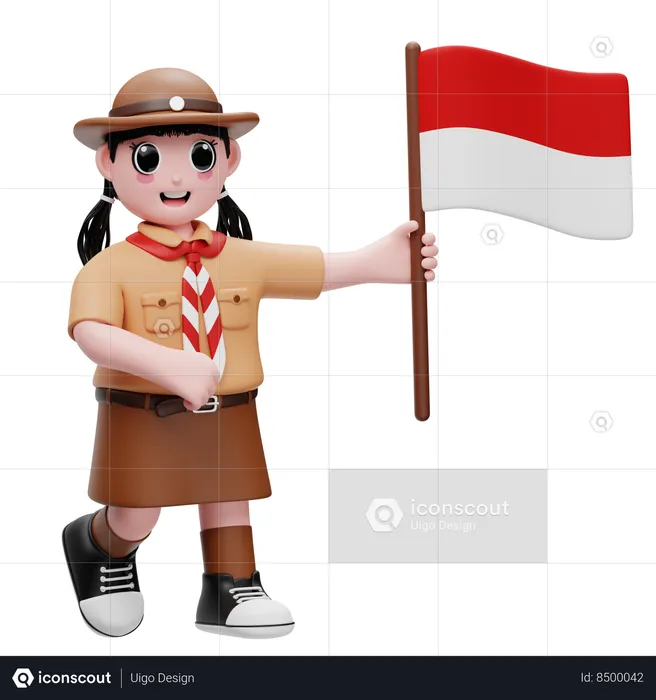 Cute Girl Carrying The Indonesian Flag  3D Illustration