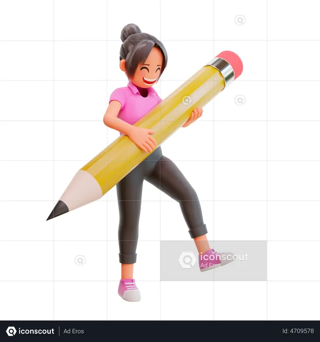 Cute girl holding a big pencil  3D Illustration