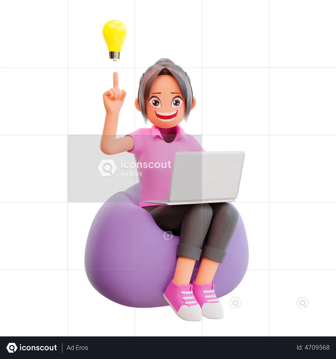 Cute girl holding laptop and get an idea  3D Illustration