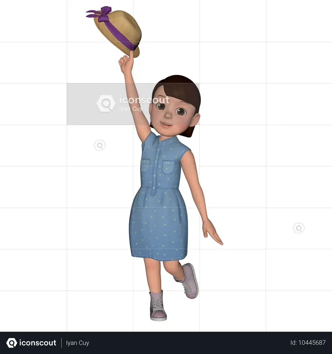 Cute Girl Jumping With Hat  3D Icon