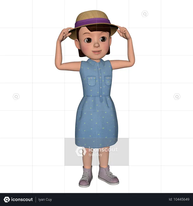 Cute Girl Putting Hand On Hat  3D Illustration