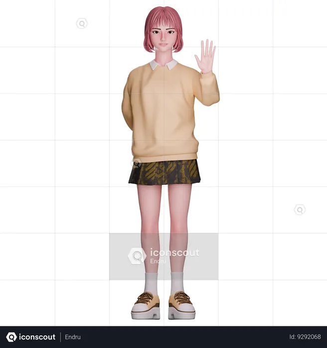 Cute Girl Raised Hand  3D Illustration