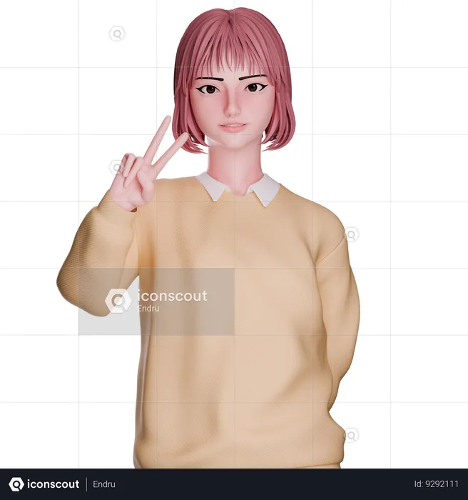 Cute Girl Showing Peace Hand  3D Illustration