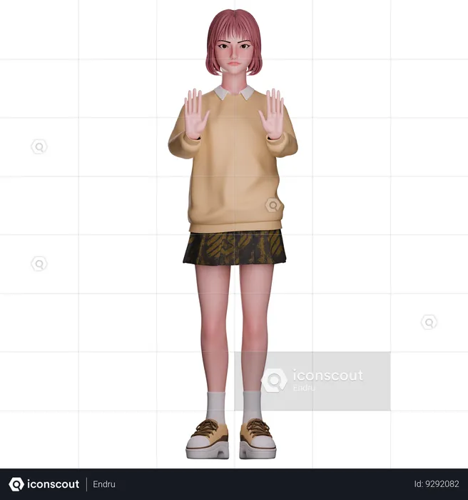 Cute Girl Showing Stop Gesture  3D Illustration