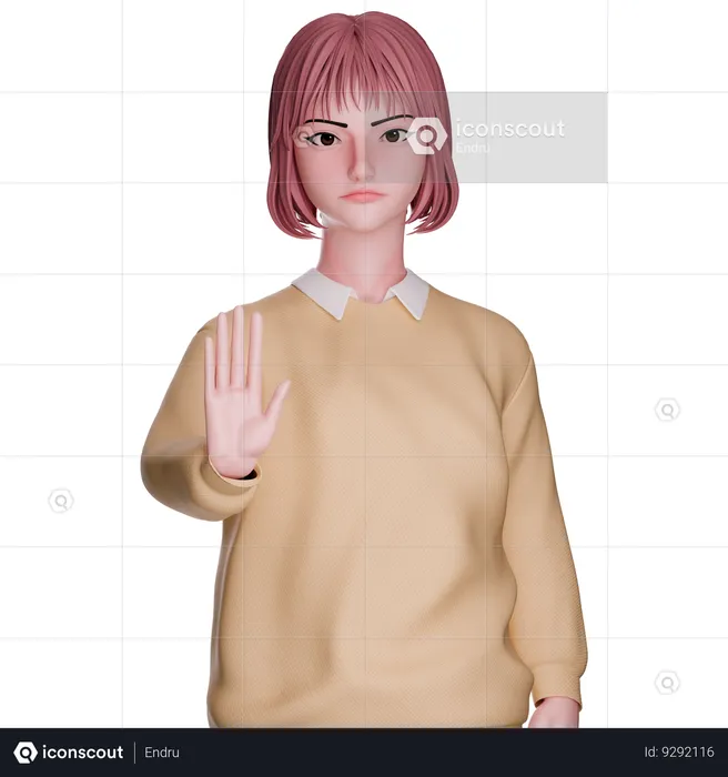 Cute Girl Showing Stop Gesture  3D Illustration