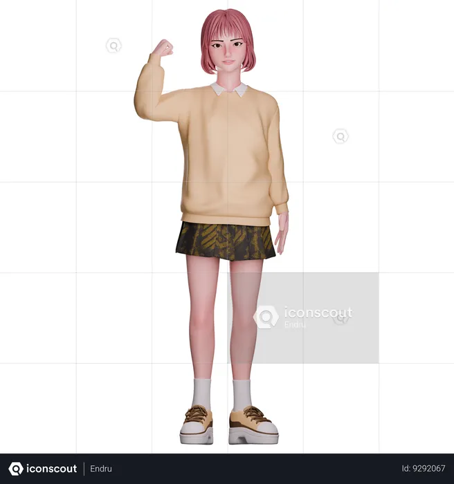 Cute Girl Showing Strong Arm  3D Illustration