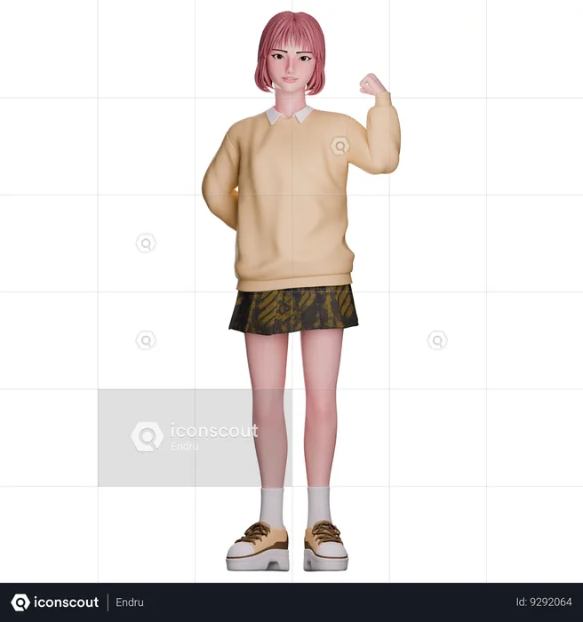 Cute Girl Showing Strong Arm  3D Illustration