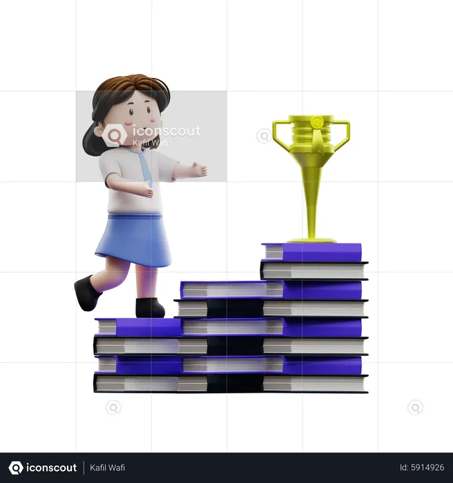 Cute girl student climbing book ladder with trophy  3D Illustration