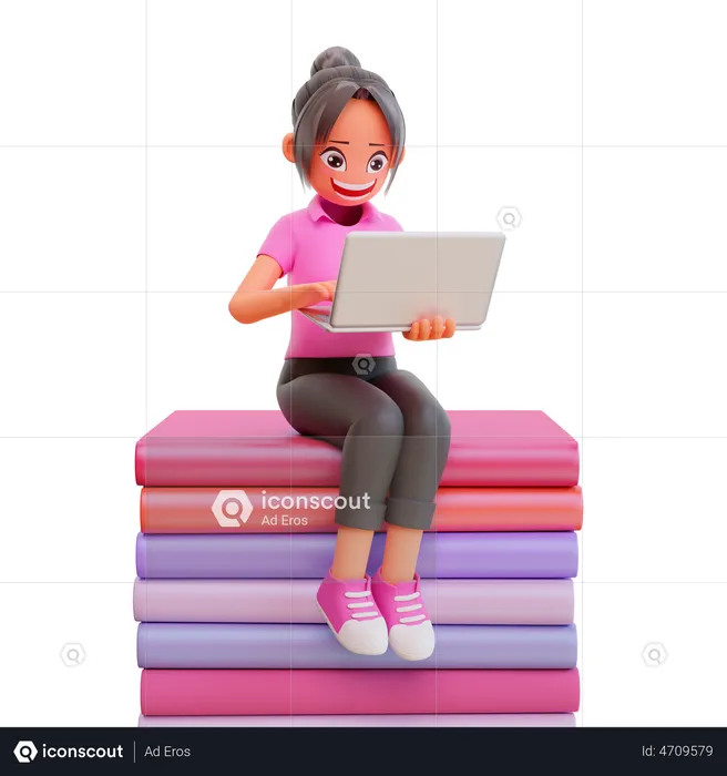 Cute girl studying in laptop  3D Illustration