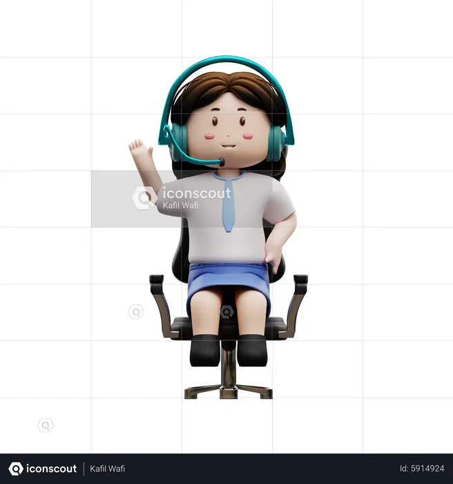 Cute girl wearing headset and sit on chair  3D Illustration