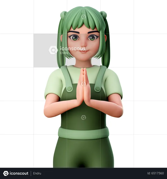 Cute Girl with folded Hand or Namaste Hand Gesture  3D Illustration