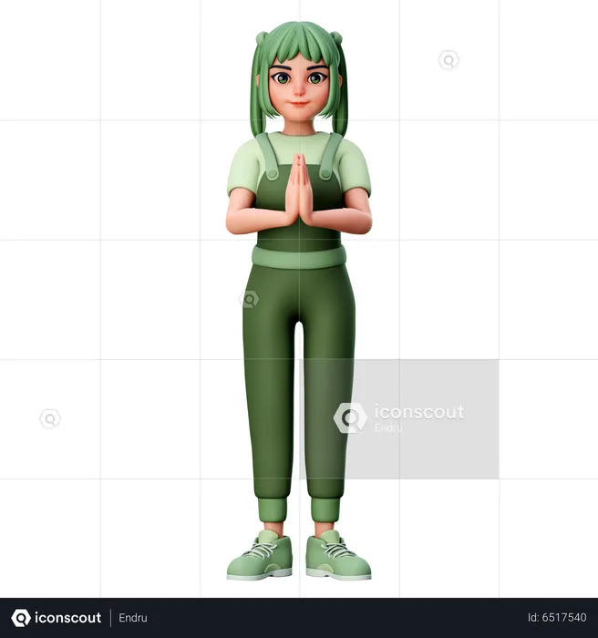 Cute Girl with folded Hand or Namaste Hand Gesture  3D Illustration
