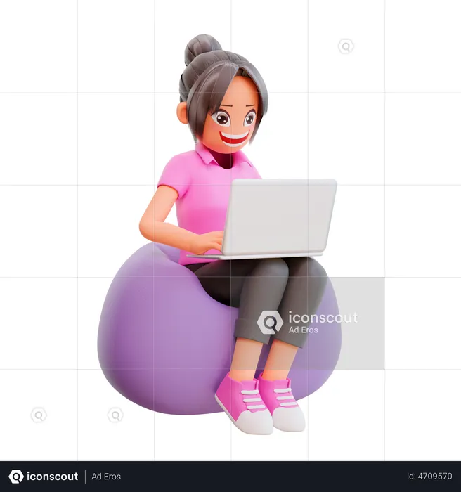 Cute girl working on laptop  3D Illustration
