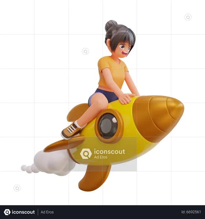 Cute Girls Is Flying On Rocket  3D Illustration