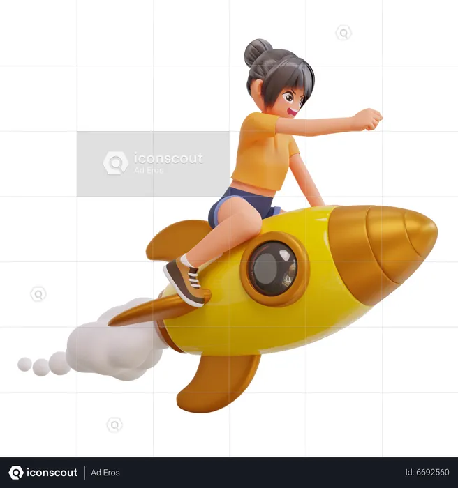 Cute Girls Is Flying On Rocket  3D Illustration