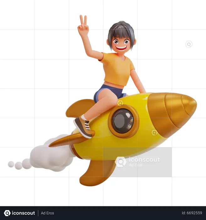 Cute Girls Is Flying On Rocket  3D Illustration