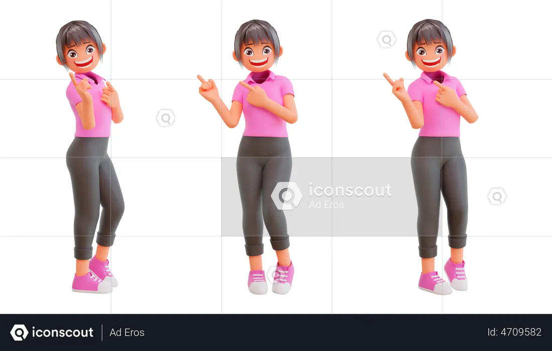 Cute girls pointing up with different camera angle  3D Illustration