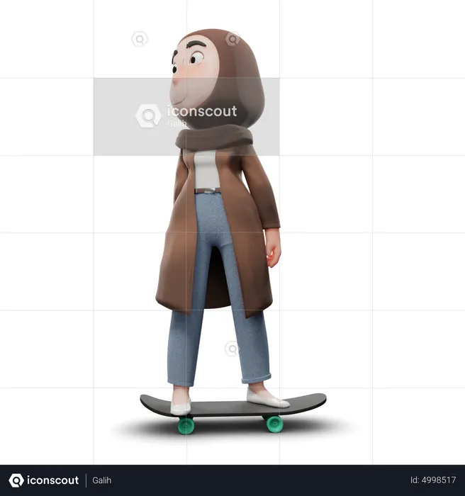 Cute Hijab Girl Skateboard  3D Illustration