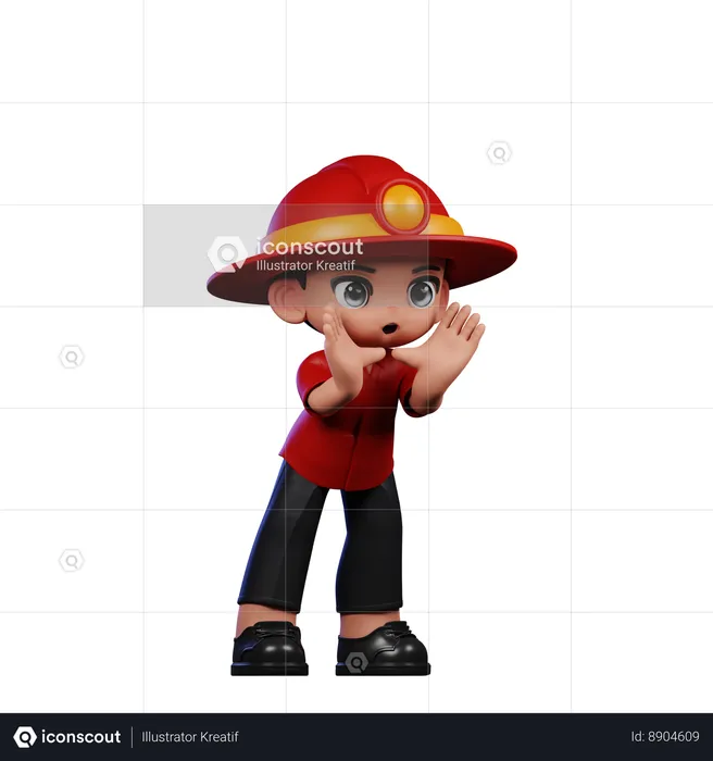 Cute Little Fireman Giving Shouting pose  3D Illustration