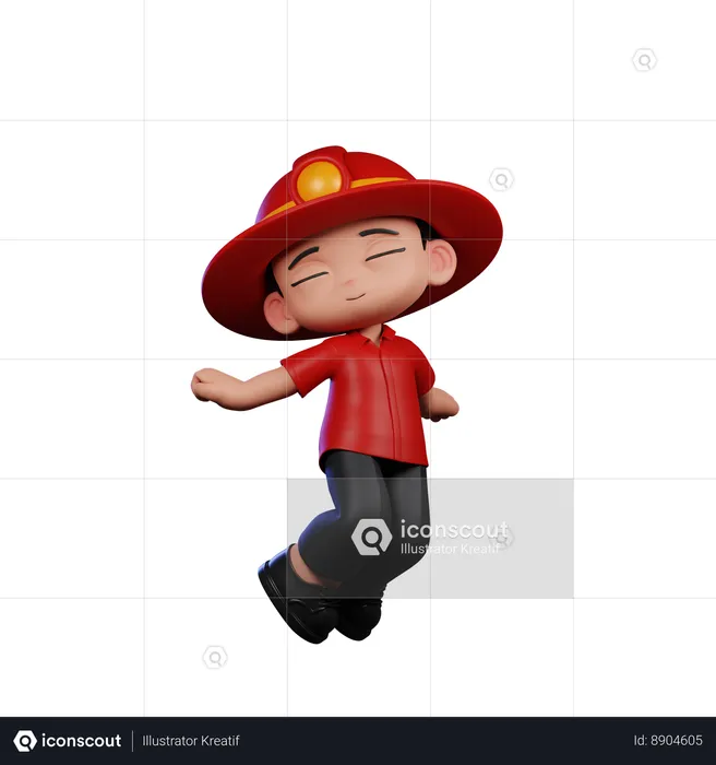Cute Little Fireman Jumping In Air  3D Illustration