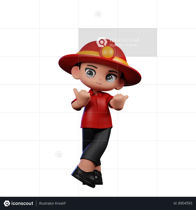 Cute Little Fireman Pointing at Side  3D Illustration