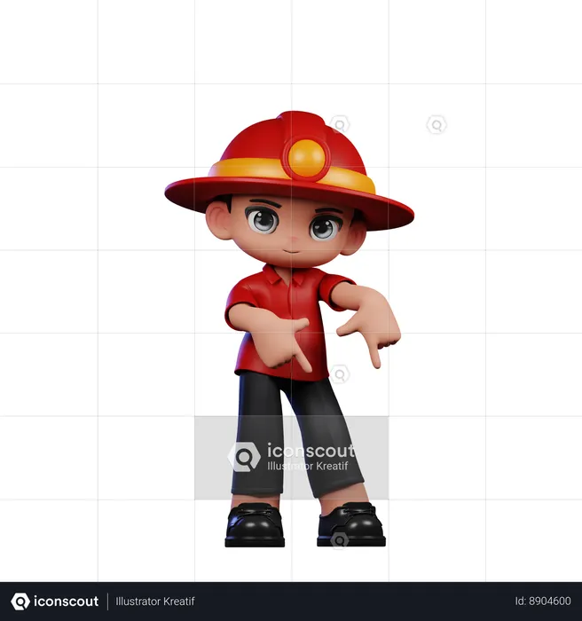 Cute Little Fireman Pointing Down  3D Illustration