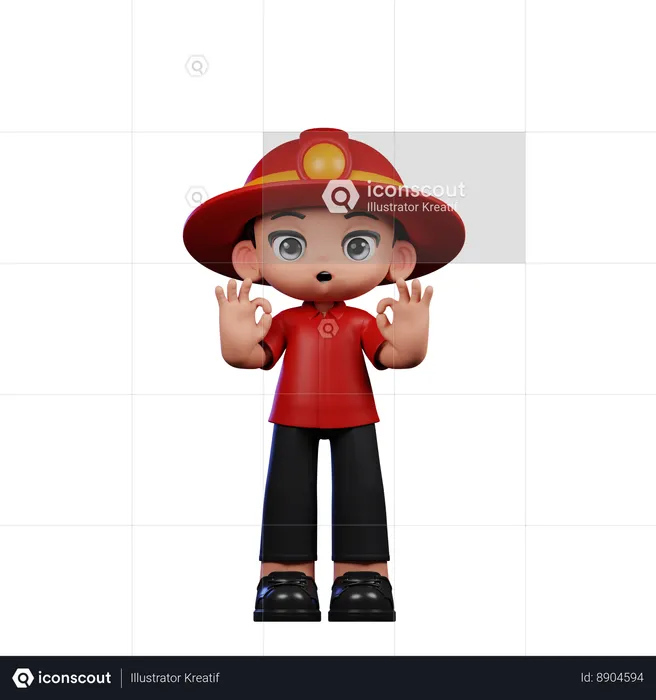 Cute Little Fireman Showing Ok Sign  3D Illustration