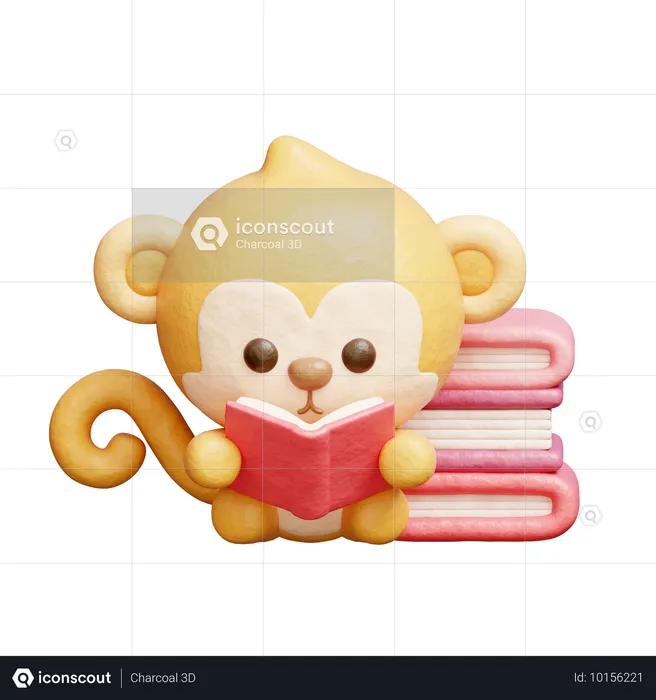 Cute Monkey Reading A Book  3D Icon