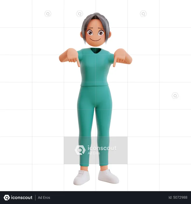 Cute Nurse Pointing Fingers Down And Smiling  3D Illustration