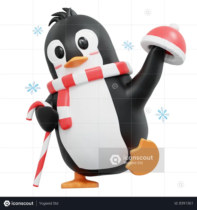 Cute Penguin Bring Candy Stick And Beanie  3D Illustration