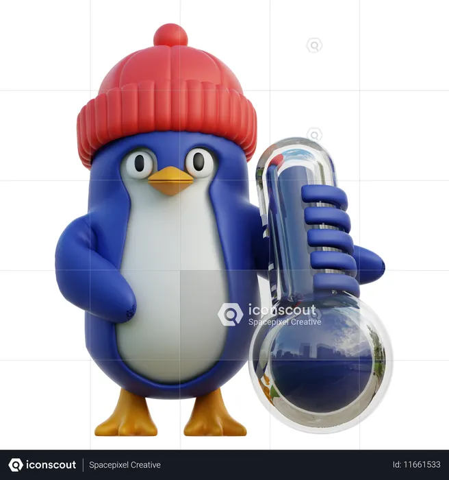Cute Penguin Holding Thermometer  3D Icon