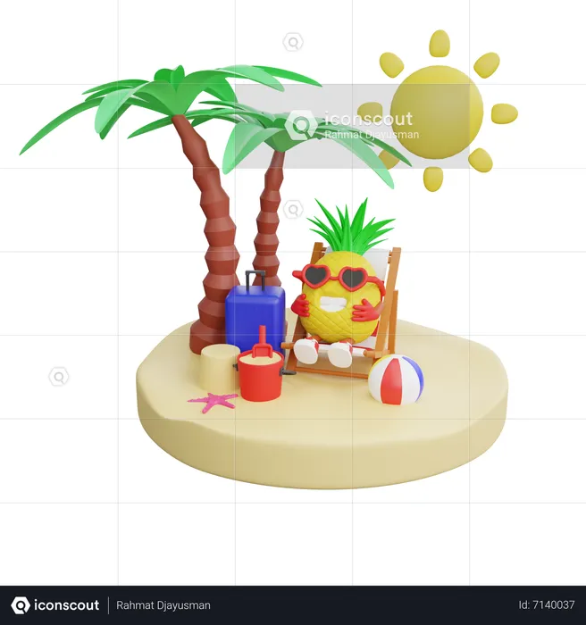 Cute Pineapple Enjoying Summer Vacation On Beach  3D Illustration