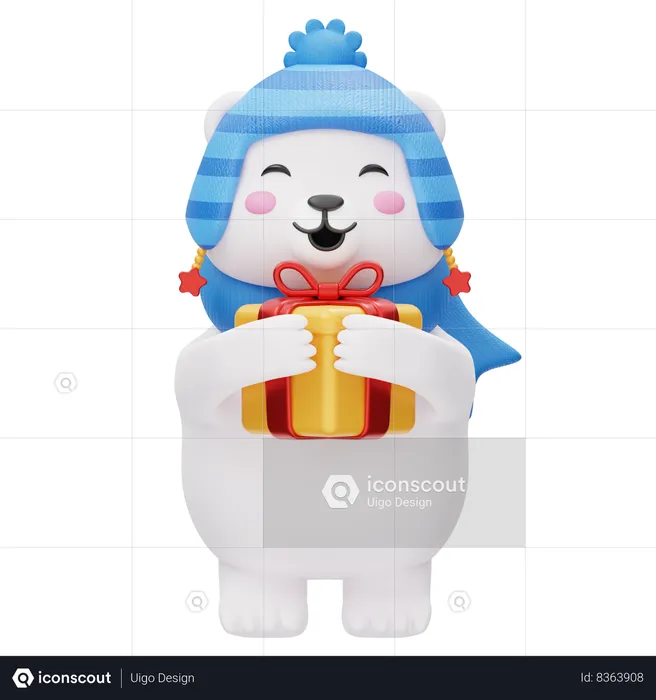 Cute Polar Bear Holding A Gift In Winter  3D Illustration