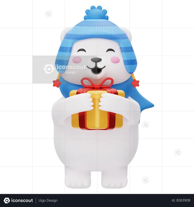 Cute Polar Bear Holding A Gift In Winter  3D Illustration