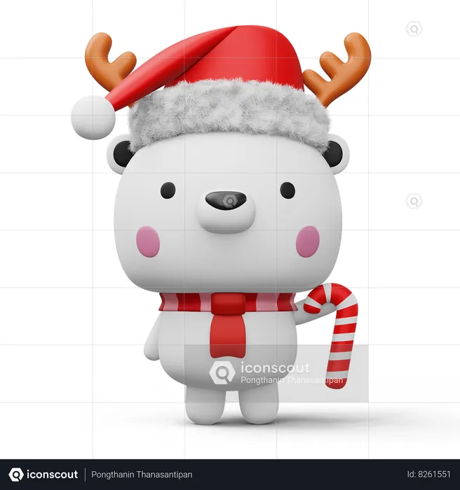 Cute Polar bear with christmas candy  3D Illustration