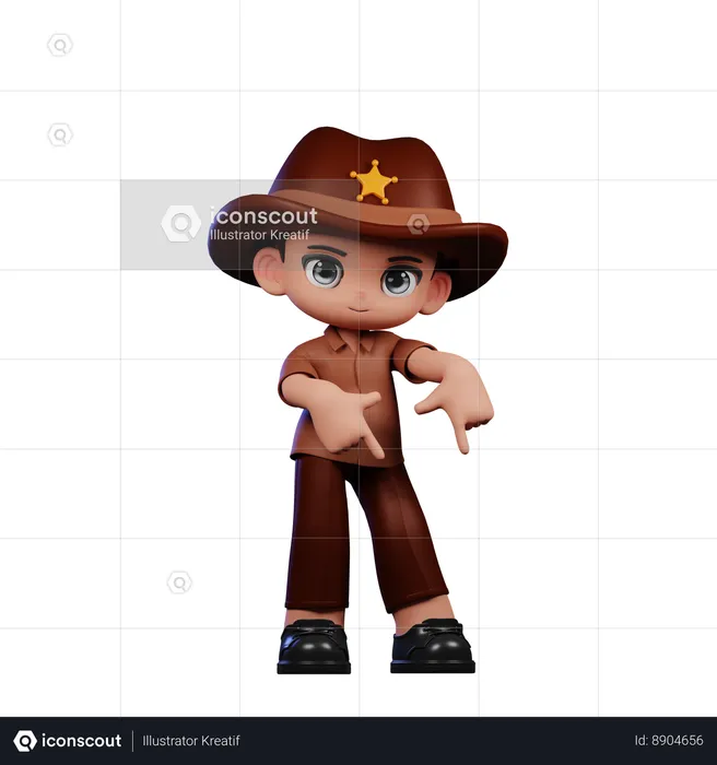 Cute Sheriff Pointing Down  3D Illustration