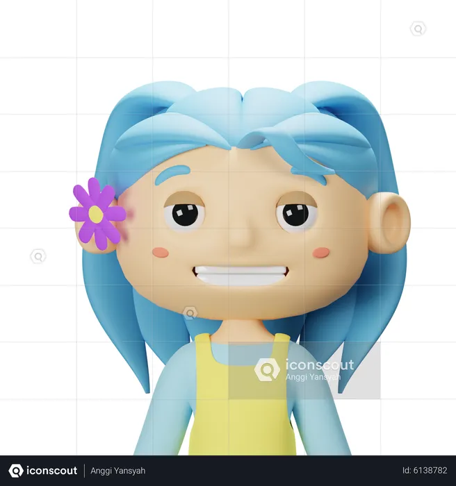 Cute Spring Girl With Blue Hair  3D Icon