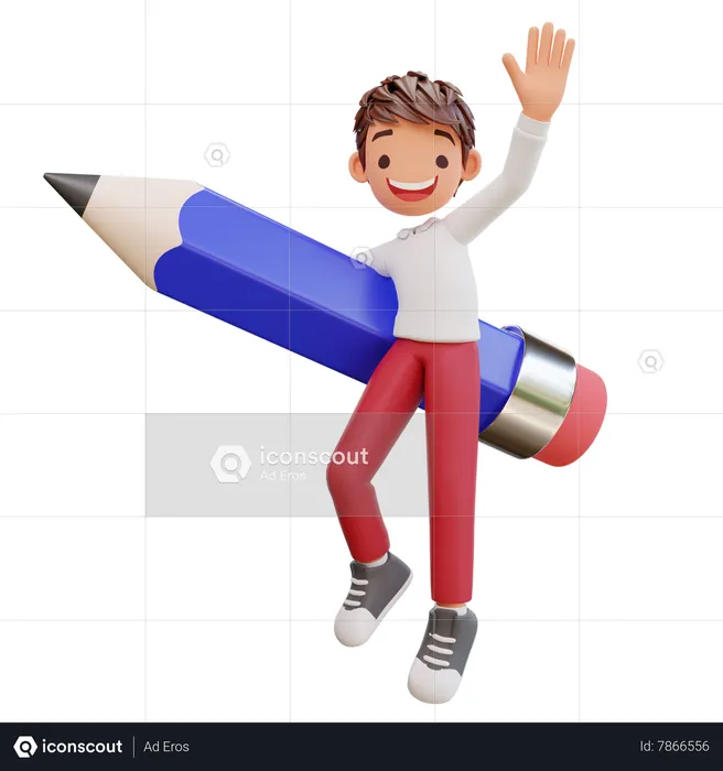 Cute Student Flying With Pencil  3D Illustration