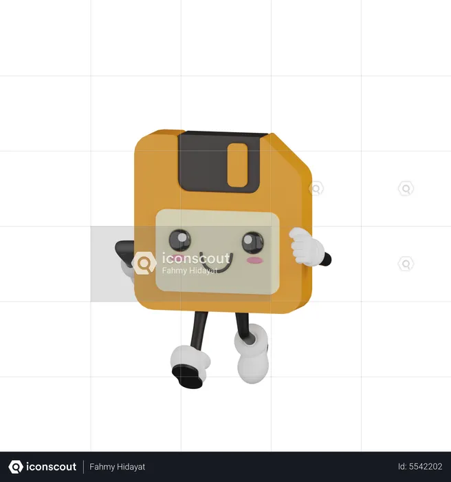 Cute Walking Floppy Disk Character  3D Illustration
