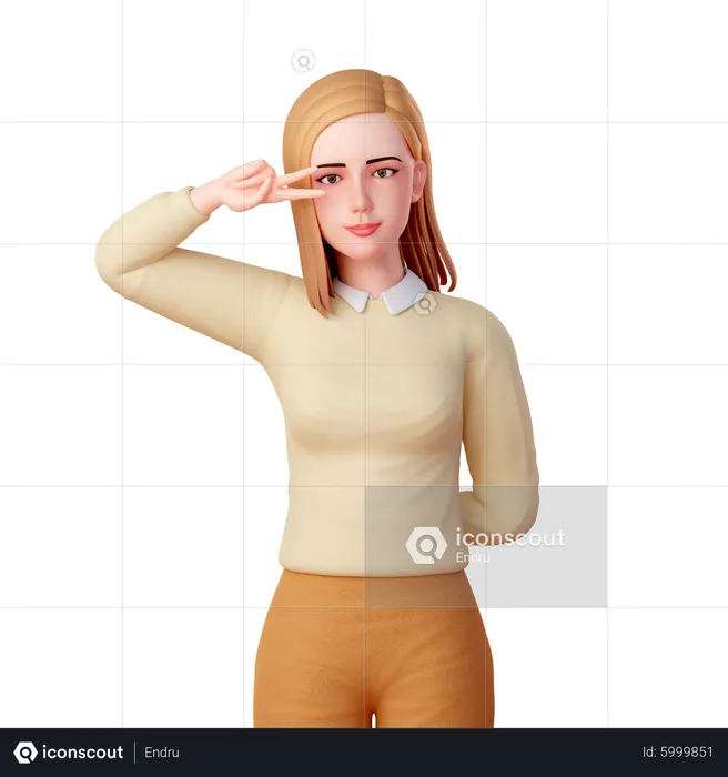 Cute Woman Making a Peace Sign Near Her Eye  3D Illustration