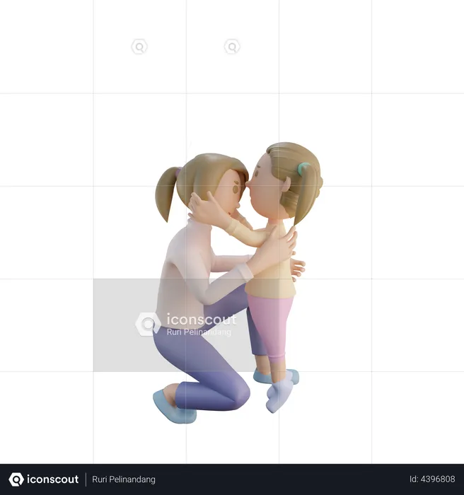 Daughter kissing mother on forehead  3D Illustration