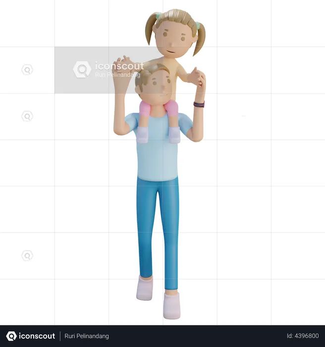 Daughter ride on shoulder of father  3D Illustration