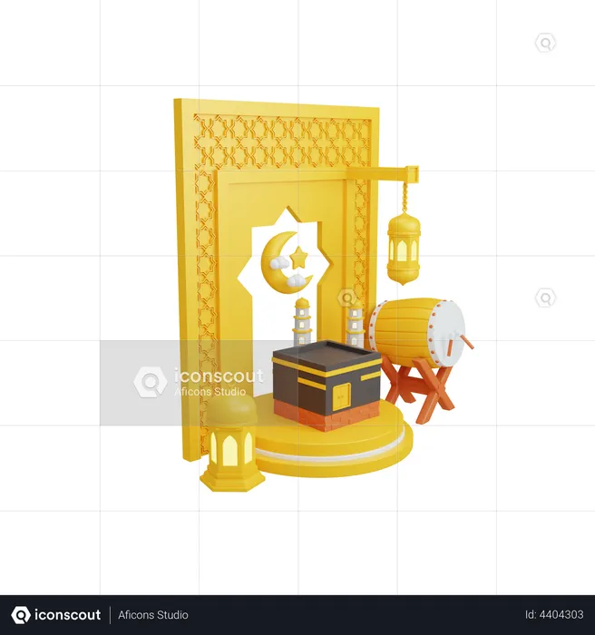 Décoration islamique avec podium et kaaba  3D Illustration