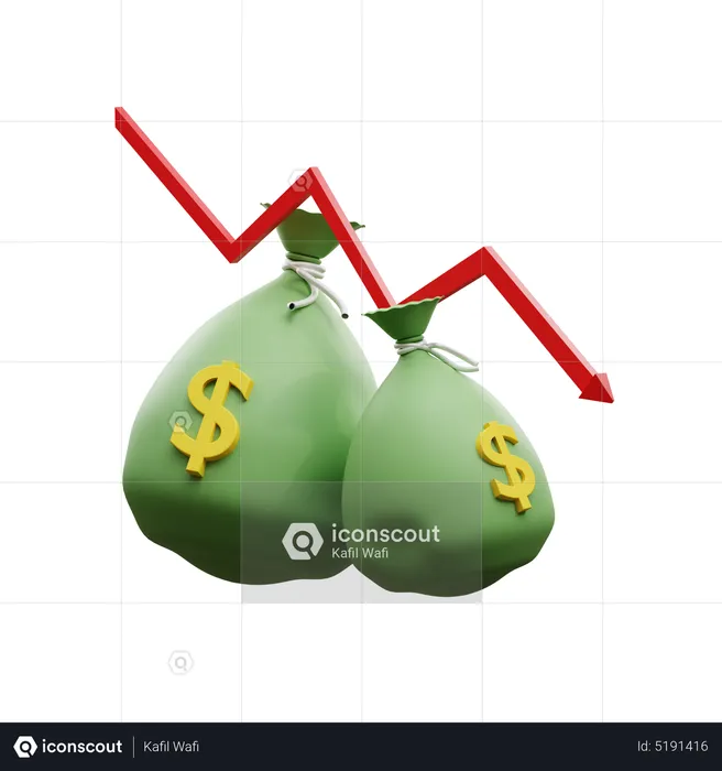Decrease Graph With Dollar Sack  3D Icon